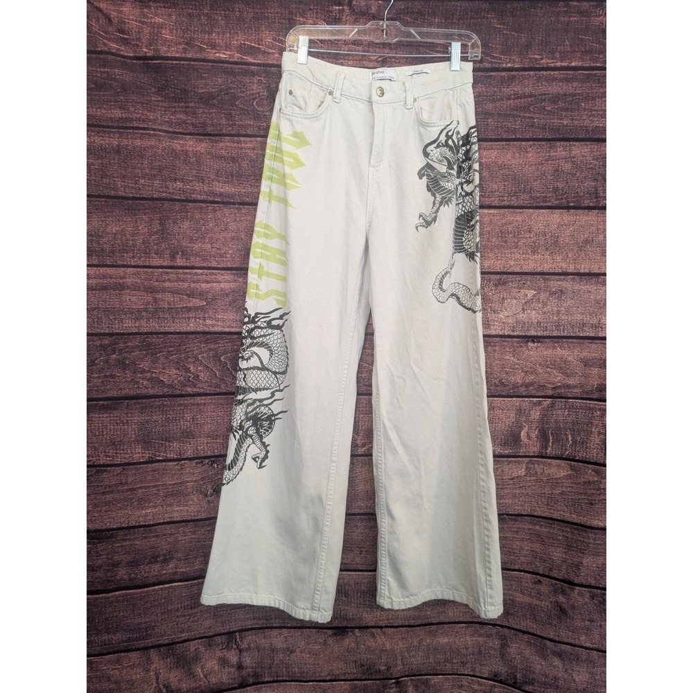 Bershka White Wide Leg Jeans With Dragon‎ Print Size 4 SEE MEASUREMENTS